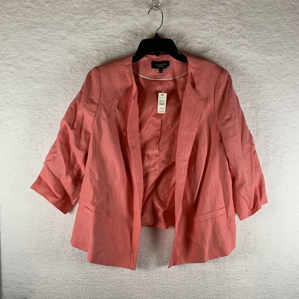 Talbots Blazer Women's 14P Pink 100% Linen Pockets Open-Front 6601
